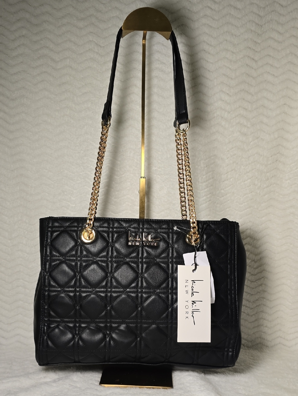 Nicole Miller Black Quilted Shoulder Bag with Gold Chain Handles